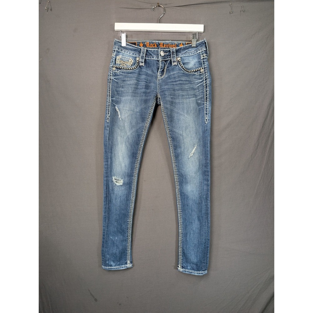 Rock Revival Skinny Jeans Blue Denim Distressed Embellished Size 25 7947